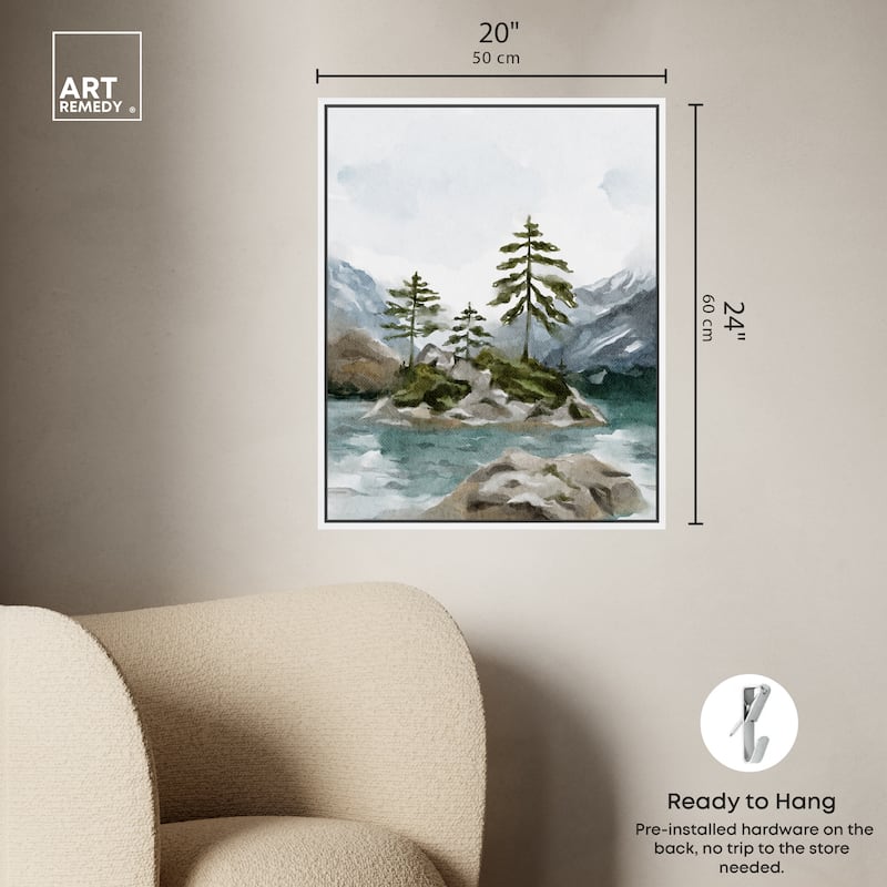 Art Remedy Cold Winter Lake Framed Landscape 1 Piece Canvas Wall Art Watercolor Style
