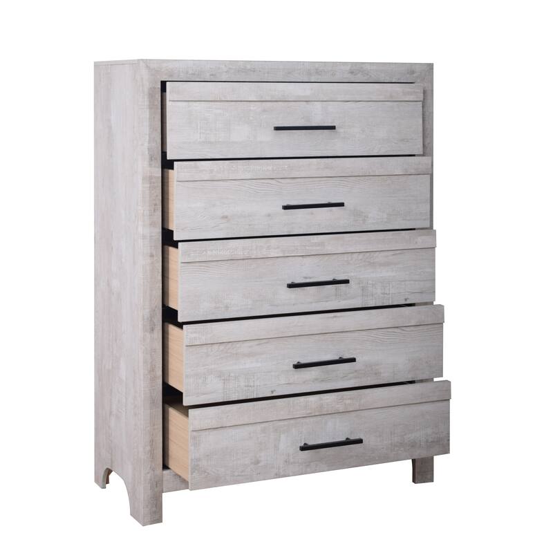 Bisca Tall Dresser Chest, 5 Drawer, Black Metal Handles, Light Gray