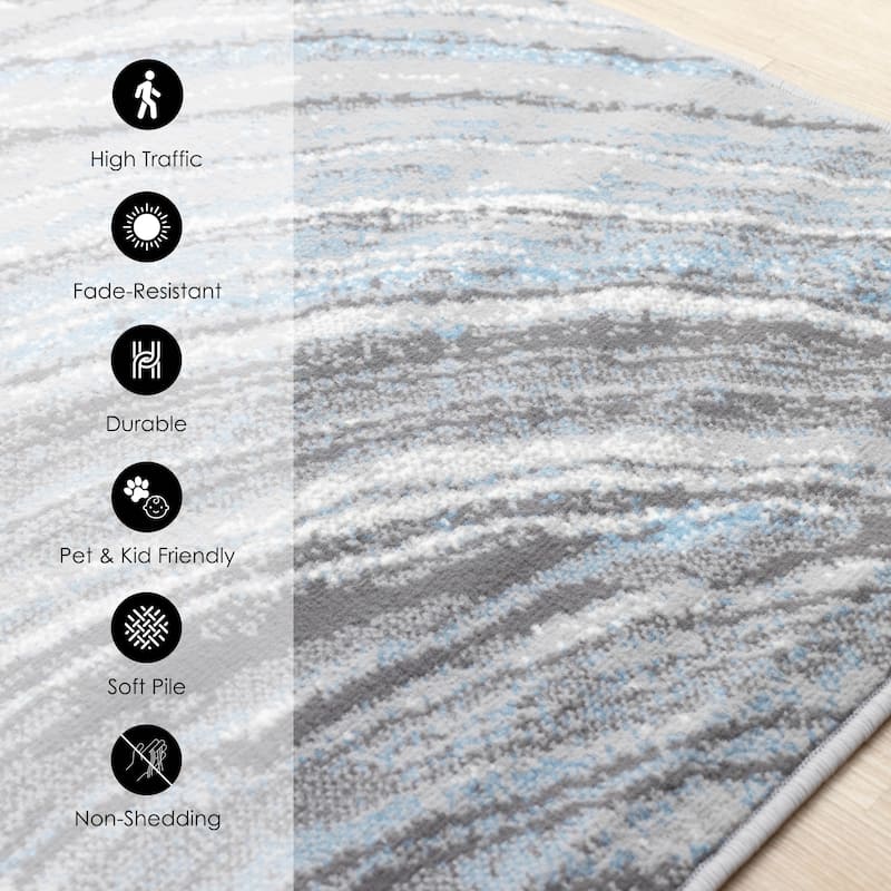 Forte Blue Grey White Soothing Waves Area Rug, 4'7" x 6'7"