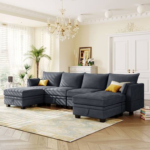 Modern U-Shape Sectional Sofa, Convertible Sofa Bed for Living Room with Storage Spaces