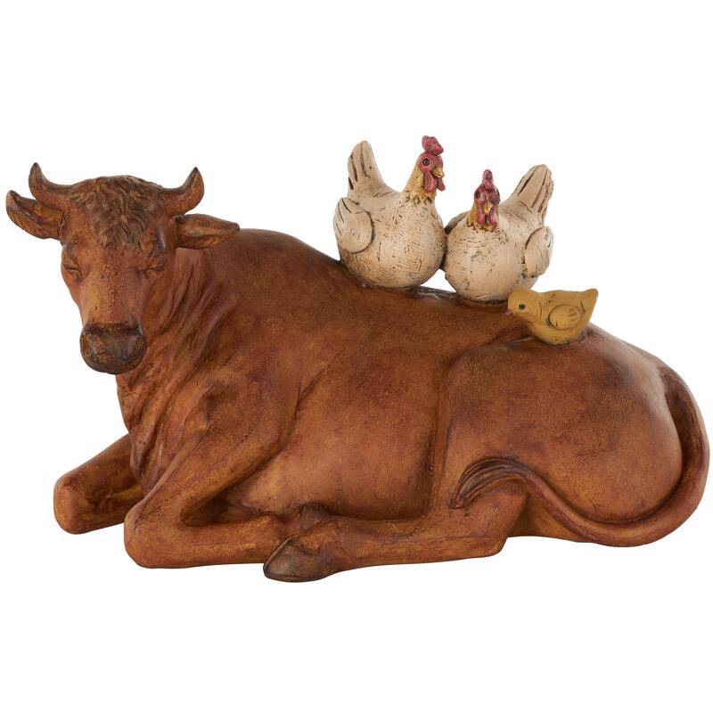 Polystone Cow Decorative Sculpture with Sitting Roosters and Chicks - Copper or Cream - Copper