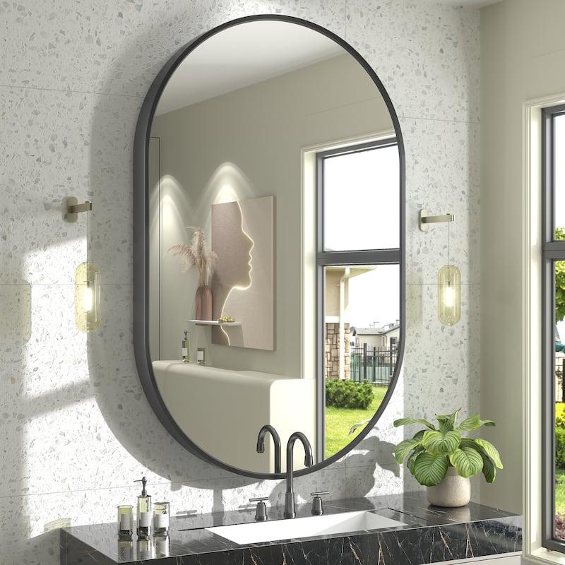 5-Year Warranty Aluminum Alloy Framed French Cleat Mounted Oval Wall Decor Bathroom Vanity Mirror - 48" x 30" - Black