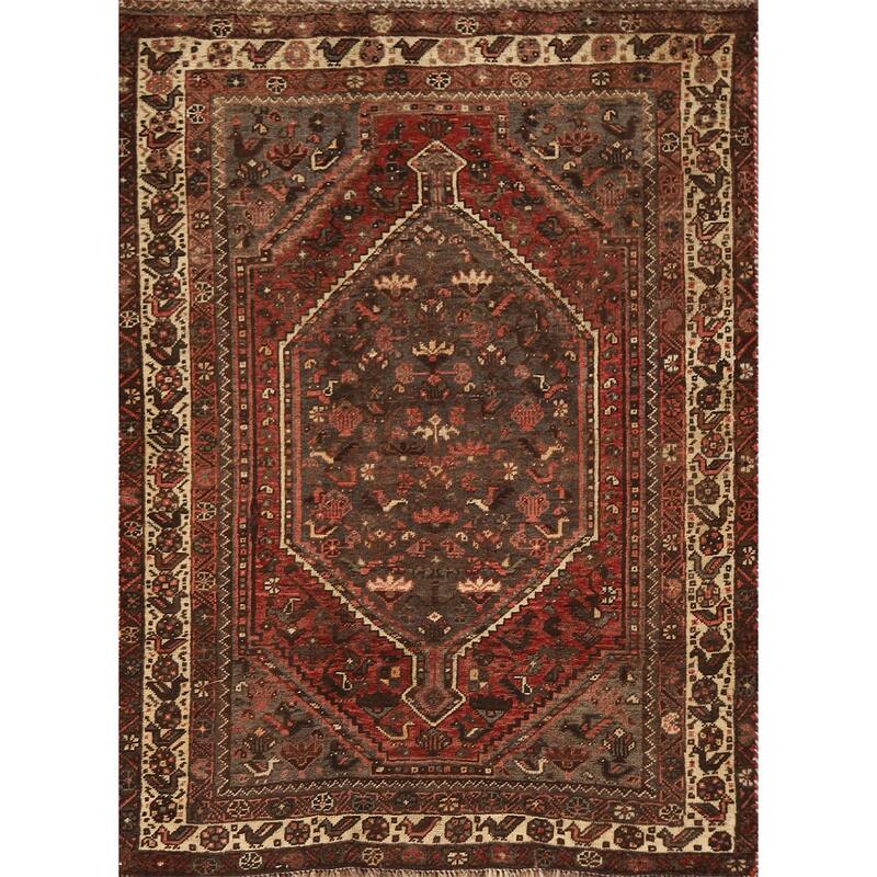 Hand-knotted Qashqai Persian Vintage Area Rug Grey Wool Carpet - 3'9"x 5'6"