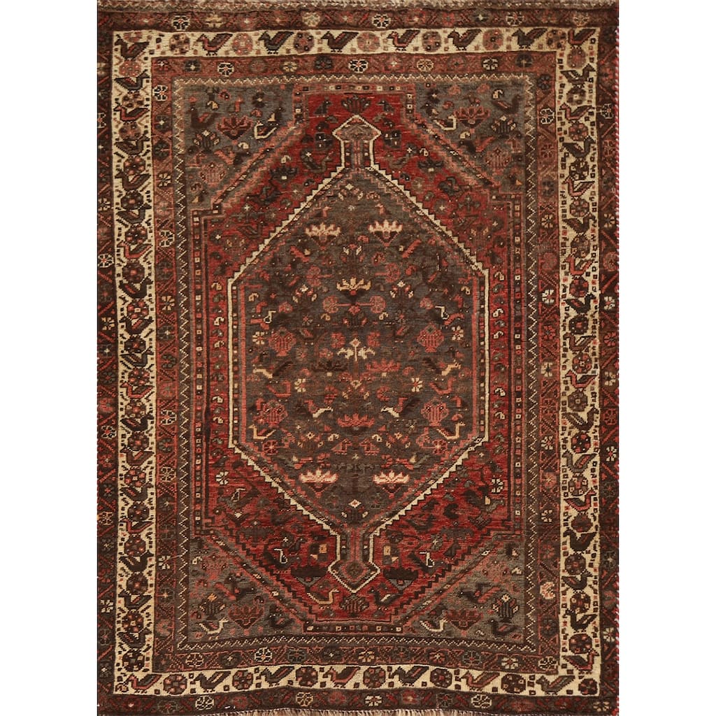 Hand-knotted Qashqai Persian Vintage Area Rug Grey Wool Carpet - 3'9"x 5'6"