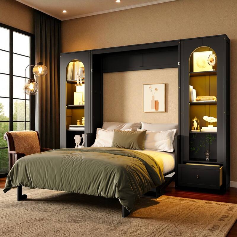 Queen Size Murphy Platform Bed with LED Shelves, Side Cabinets, Desk Panel and Storage Drawers - Black - Queen