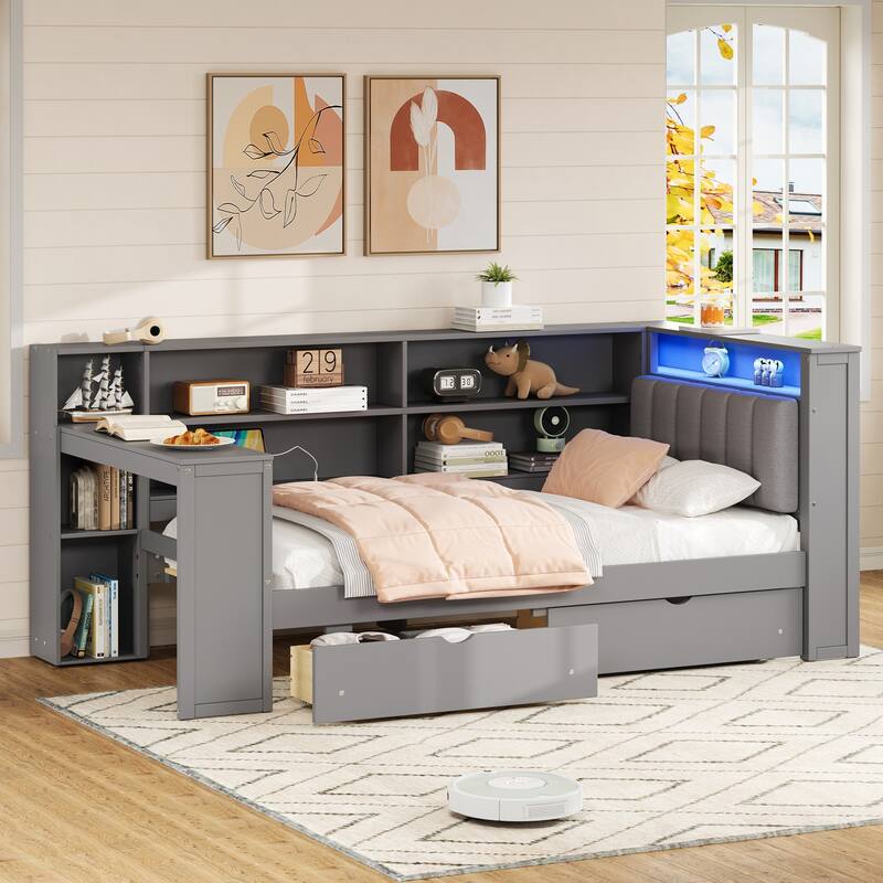 Twin Size Platform Bed with Storage, Charging Station, LED, Desk, and Upholstered Headboard in Grey