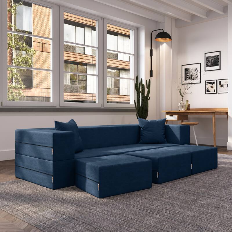 Porch & Den California King Convertible Sleeper Sofa and Ottomans - Indigo