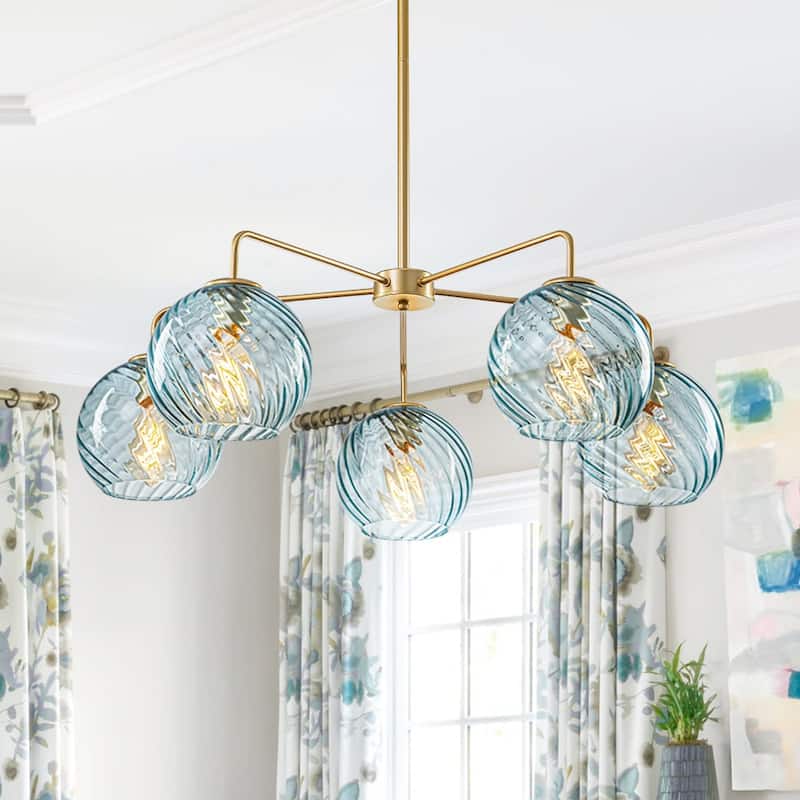 5-Light Blue Swirled Glass Globe Bubble Round Chandelier 35in