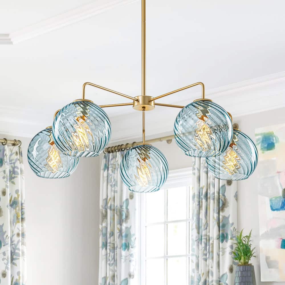 5-Light Blue Swirled Glass Globe Bubble Round Chandelier 35in