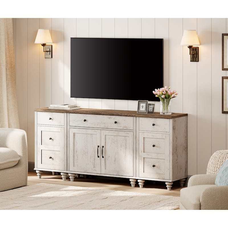 Farmhouse TV Stand with Doors and Drawer﻿ - 3 Drawers and 4 Doors -  Rustic White