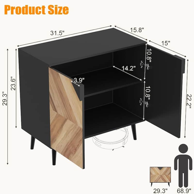 31.5" Cabinet with Shelves and Doors with Storage, Black + Gray Texture