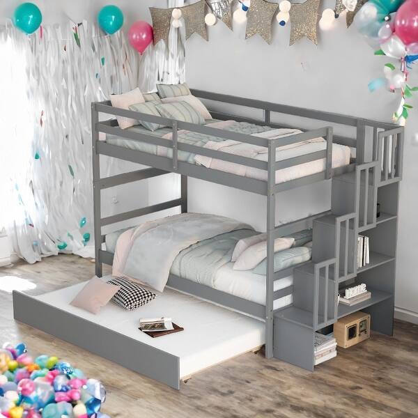 slide 2 of 26, Twin over Twin Bunk Beds With Twin Trundle and Stairway Storage Function White