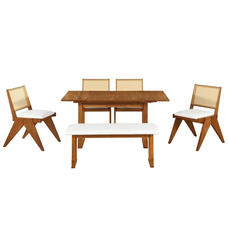 6-Piece Extendable Dining Table Set with Removable Leaf, Long Bench