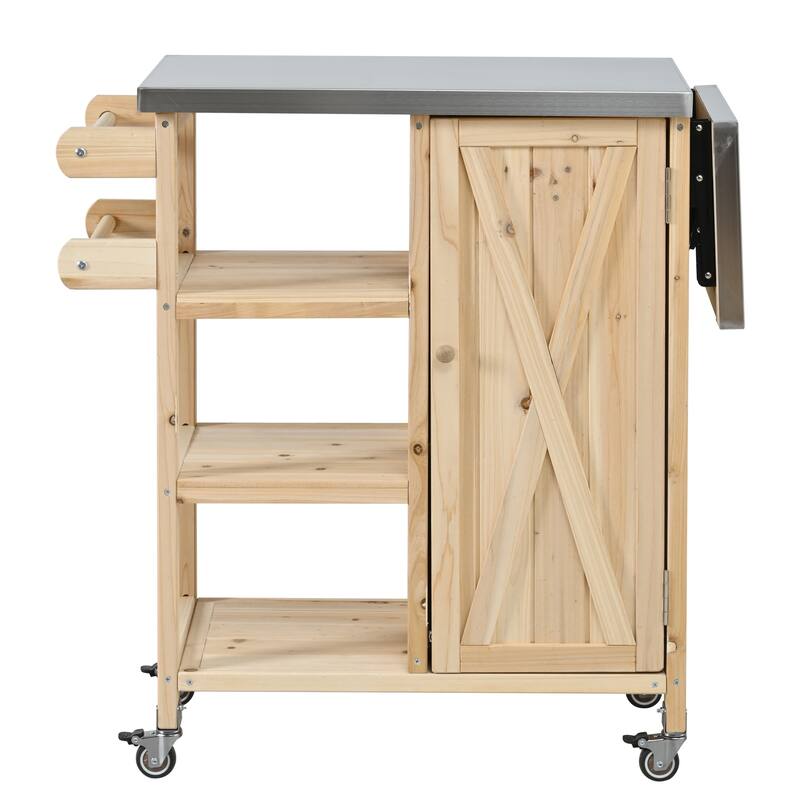 Foldable Outdoor Portable Kitchen Island Cart with Lockable Wheels, Storage Cabinet & Towel Rack