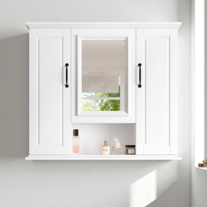 36-Inch Bathroom Mirror Cabinet with 3 Doors, Wall Mounted Medicine Cabinet with Adjustable Shelves and Open Storage