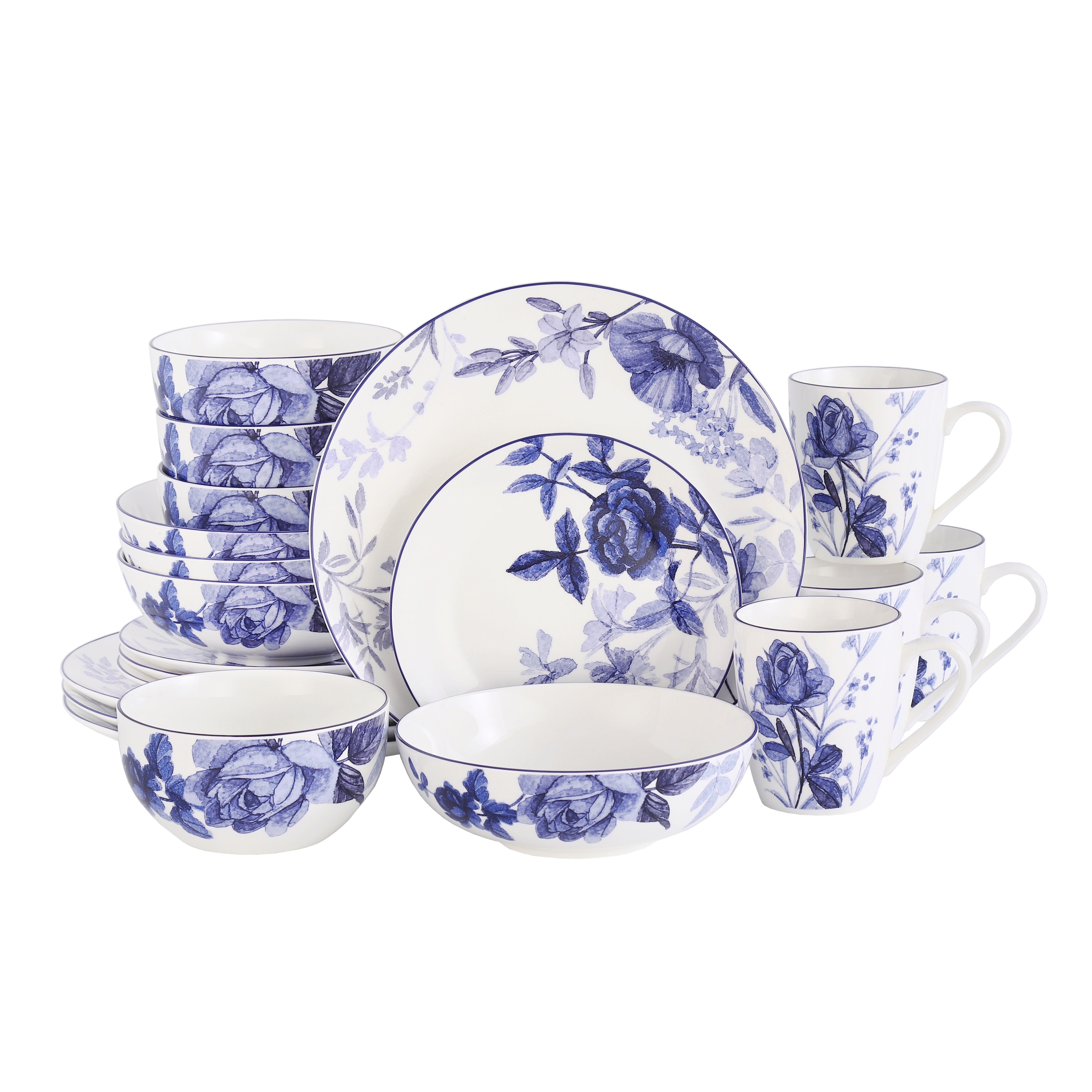 Lorren Home Trends Bone China 20-Piece Dinnerware Set, Service For 4, Blue Floral, Microwave and Dishwasher Safe