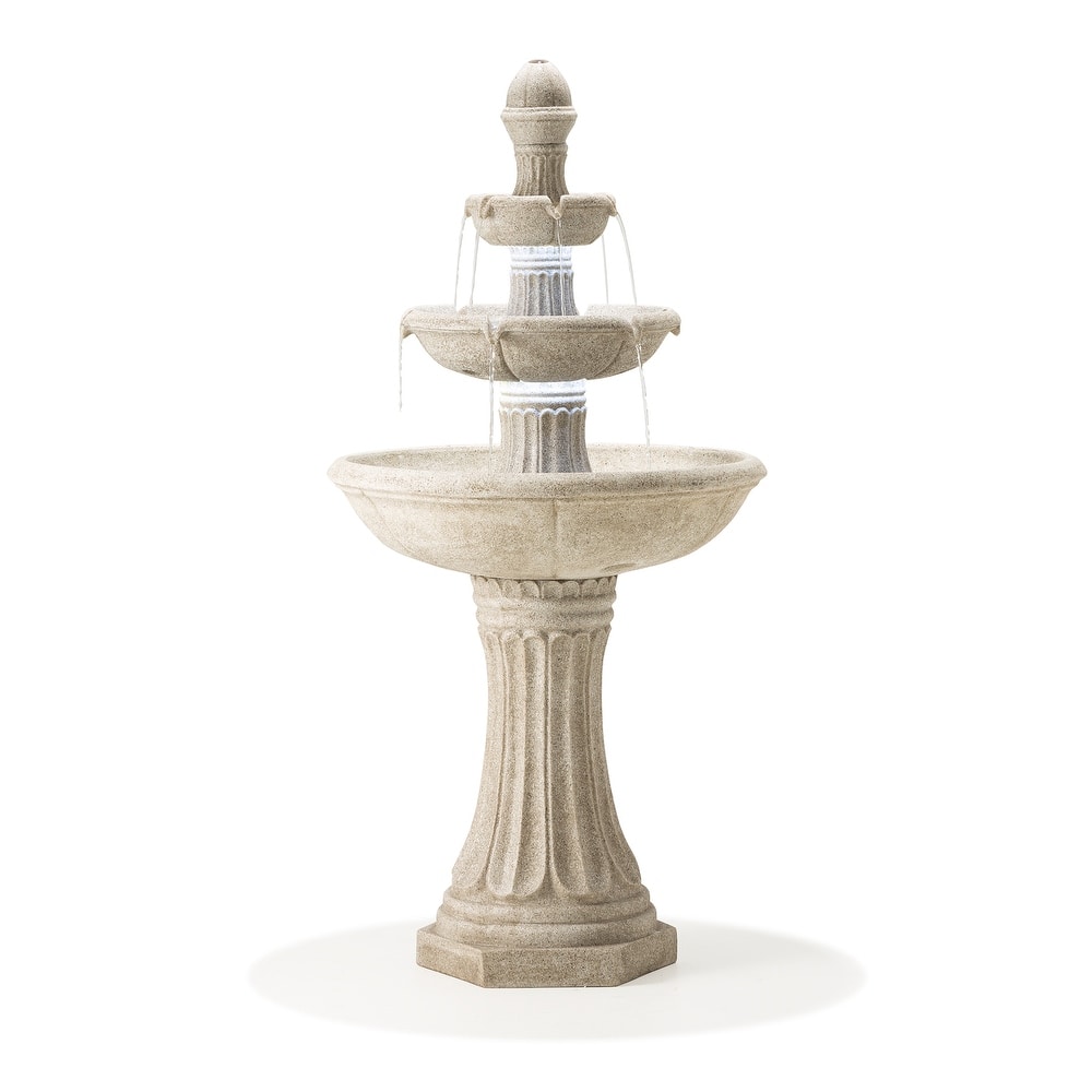 Glitzhome 45"H Oversized 3-Tier Pedestal Lotus Ceramic Resin Outdoor LED Fountains