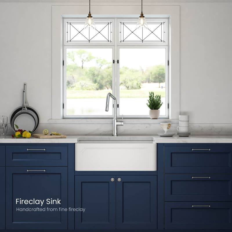 White Fireclay Farmhouse Undermount Kitchen Sink with Bottom Grid and Strainer