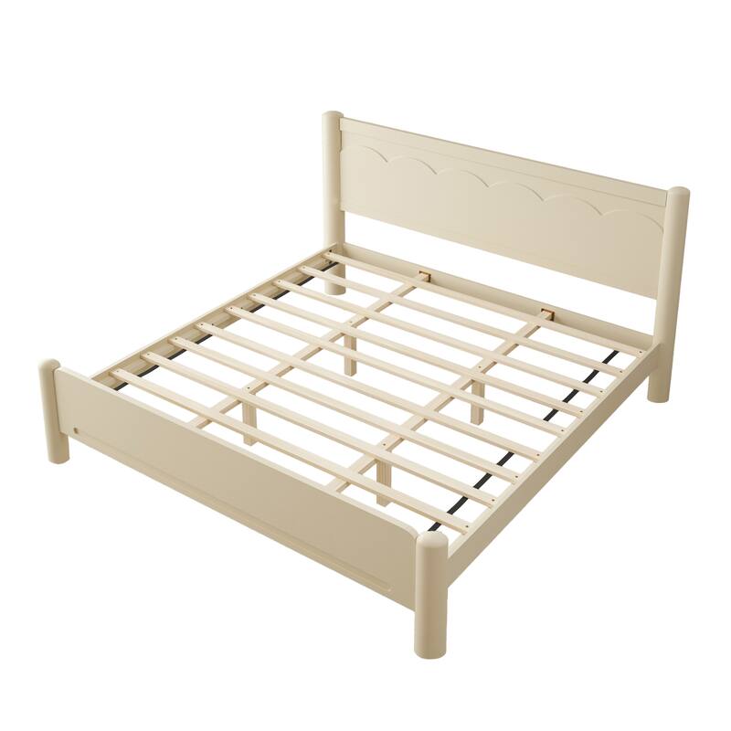 King Size Solid Wood Platform Bed with Headboard, 10 Wooden Slats Support, No Box Spring Needed, Beige Finish