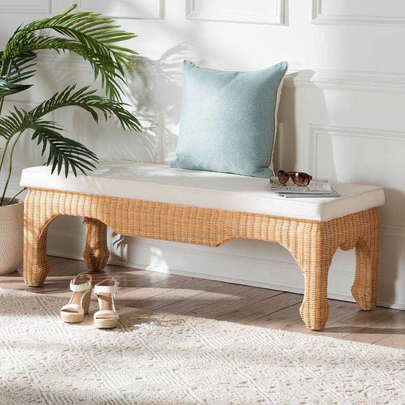 Abena Ming Style Natural Rattan Bench with Cushion - Boho Chic Accent Seating for Entryway, Bedroom, or Living Room