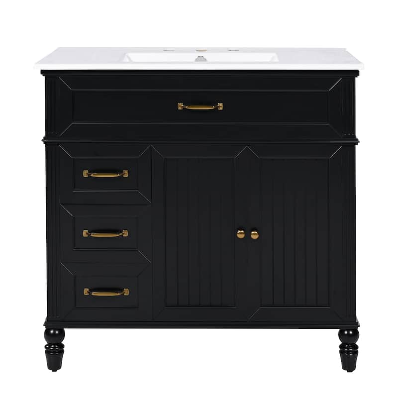 White 36-Inch Bathroom Vanity with Gold Handles, Ample Storage, and Painted Finish
