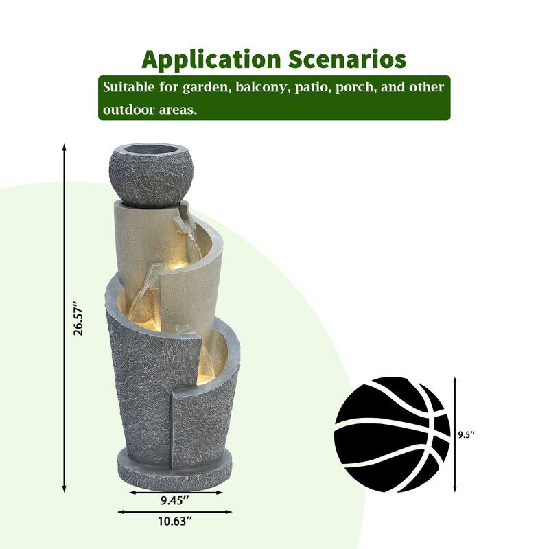 Gray Resin Cascading Spiral Outdoor Fountain with LED Lights
