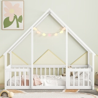 Twin Pine Wood House-Shaped Floor Bed Frame w/Fence & Guardrails,White
