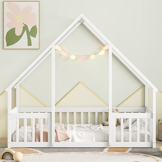 Twin Wood House-Shaped Floor Bed with Fence, Guardrails, White