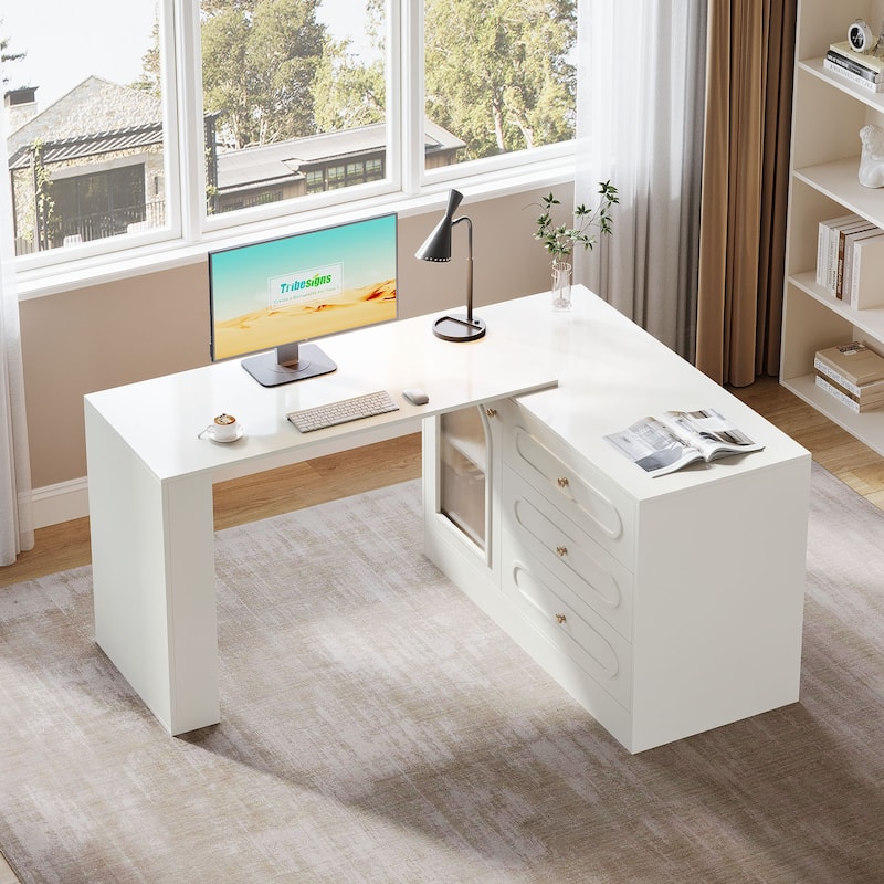 Modern 360° Rotatable Computer Desk, Executive Desk with 3 Drawers