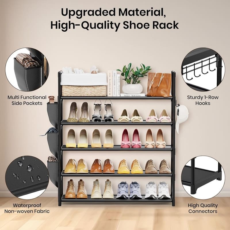 5 Tier Shoe Rack with Hook and Side Pocket - 11.2"D x 33.5"W x 35.6"H
