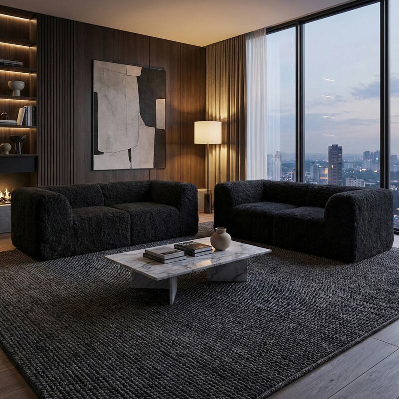 Furniture of America Ylena Modern 5-Piece Faux Fur Foam Modular Compressed Sofa and Loveseat Set - Black