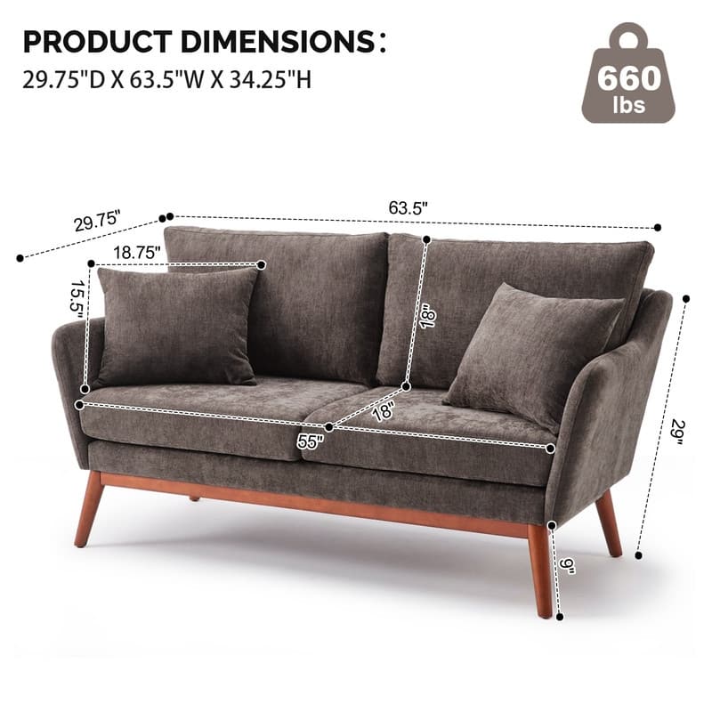 Linen Blend Mid-Century Modern Small Spaces Loveseat Two-Seater Sofa With Solid Wood Base