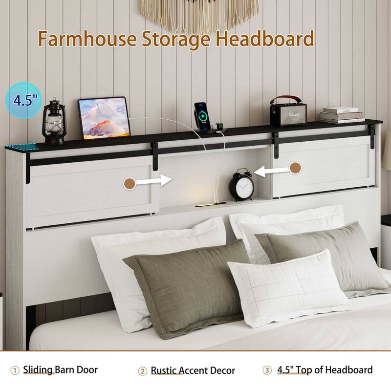 alazyhome Farmhouse Wood Platform Bed Frame with Storage Headboard & Charging Station