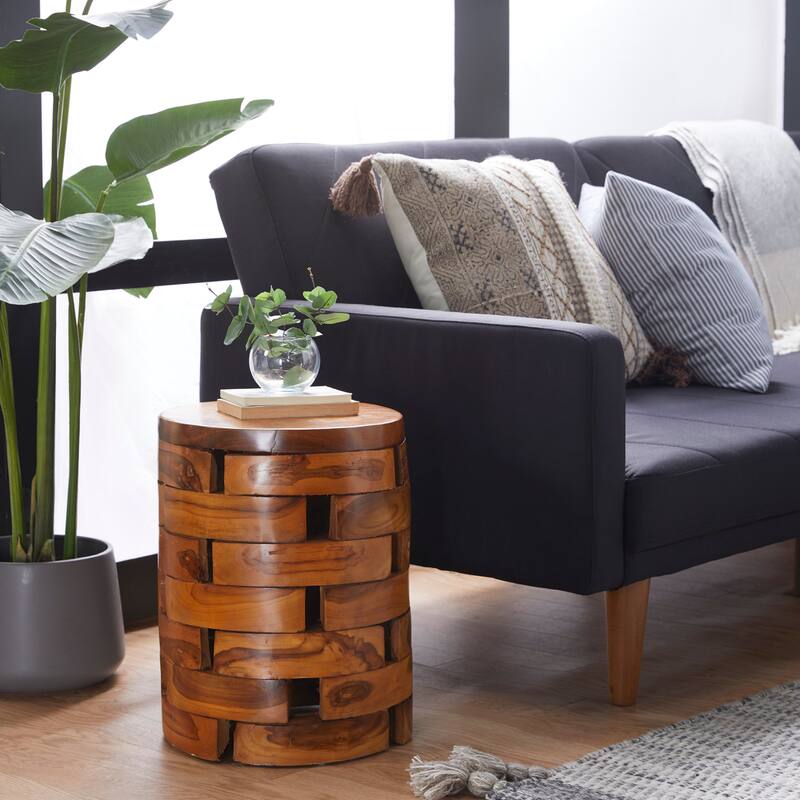 Teak Wood Drum Handmade Live Edge Accent Table with Brick Inspired Design - Brown or Light Brown - Roche River Decor