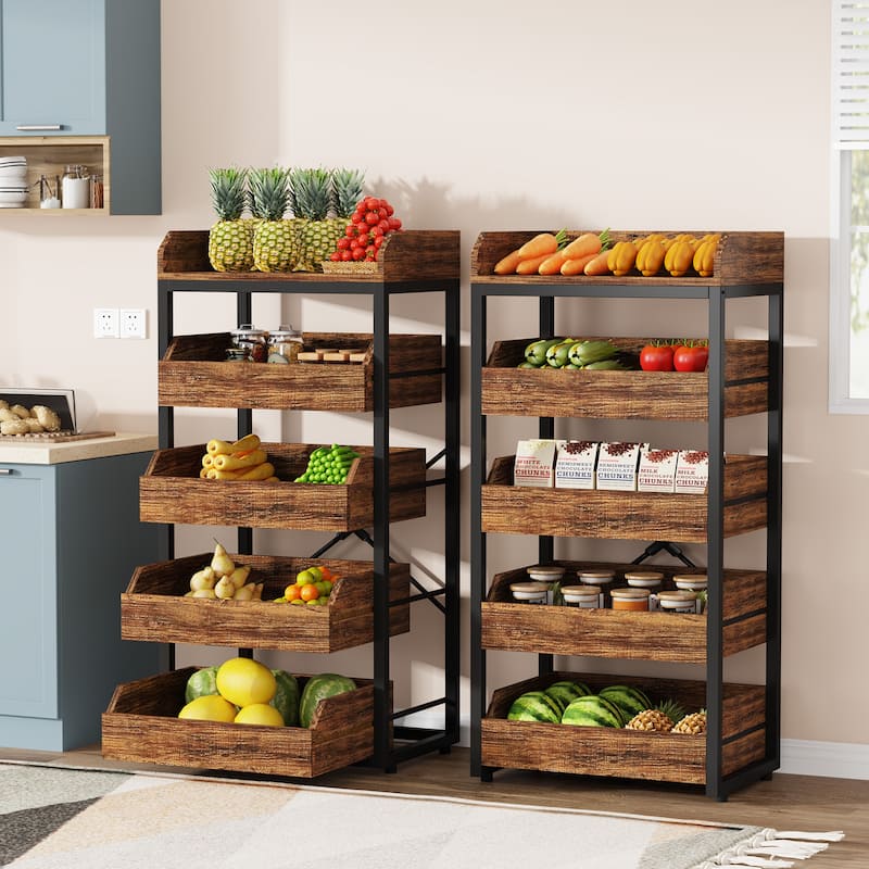 23.6'' W Fruit and Vegetable Wood Storage Rack, 5-Tier Pull-Out Snack Stand Fruit Basket Stand - Brown(2PCS)