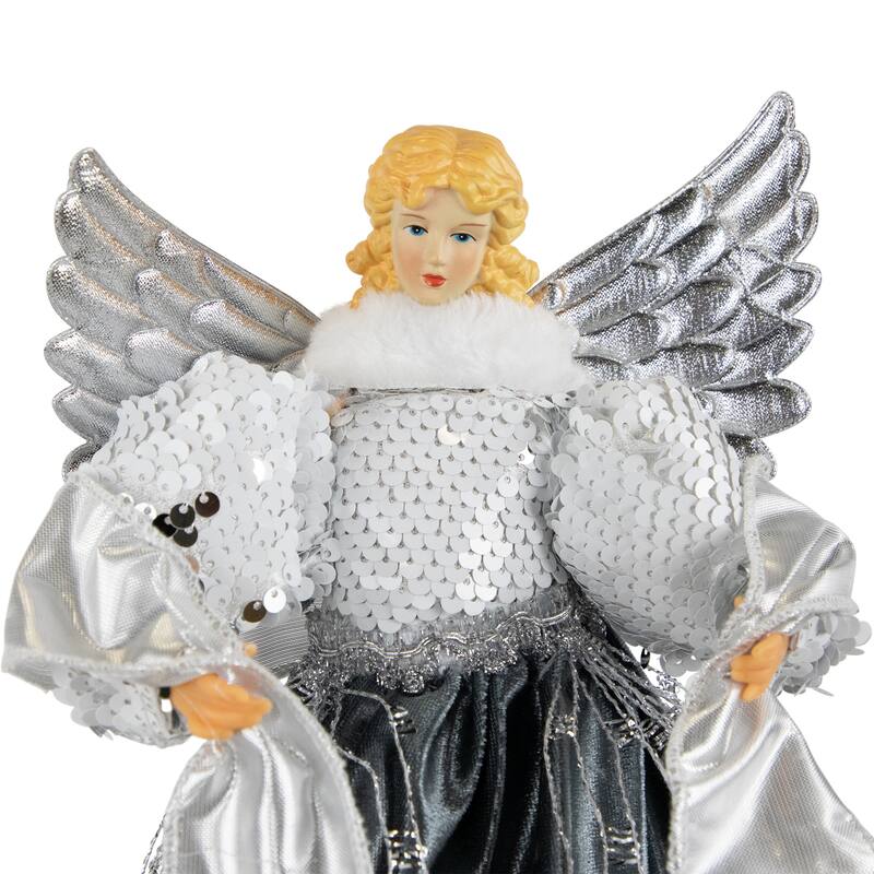 12" Slate Metallic Silver Sequined Angel Christmas Tree Topper, Unlit