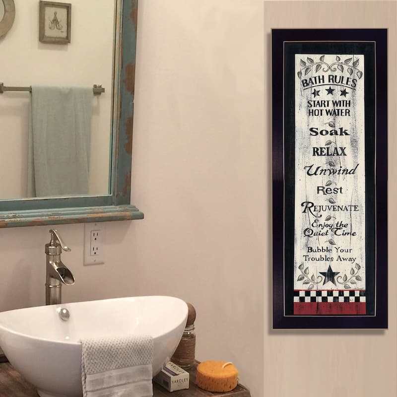 TrendyDecor4U Farmhouse "Bath Rules" Framed Print Wall Art by Linda Spivey