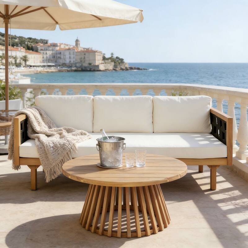 Christopher Knight Home - Claremont Outdoor Acacia Wood Three-Seater Daybed and Round Coffee Table Set