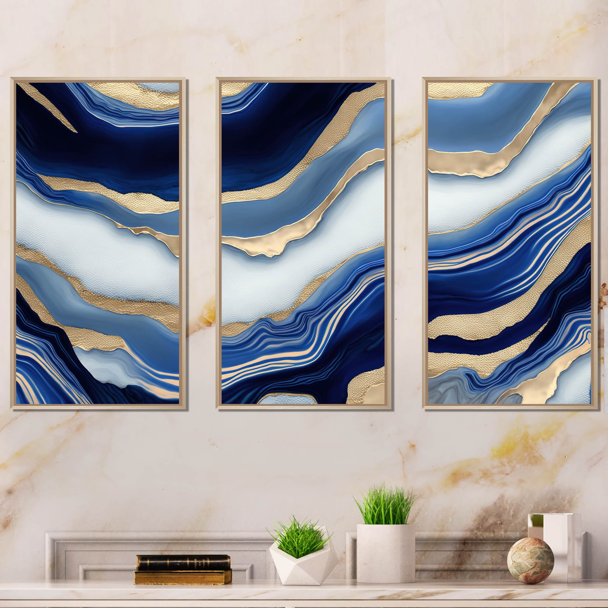Designart "Vibrant Blue And Gold Flow Art III" Transitional Framed Canvas Art Print - 3 Panels