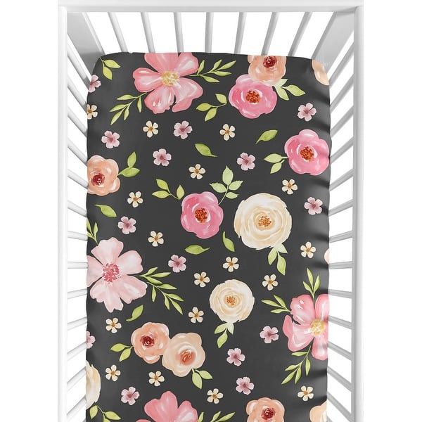 slide 2 of 6, Sweet Jojo Designs Black and Blush Pink Watercolor Floral Collection Fitted Crib Sheet