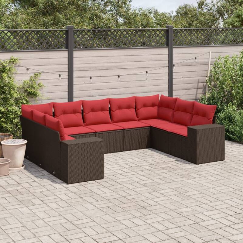 vidaXL 9/10 Piece Patio Sofa Set with Cushions Black/Brown/Gray Poly Rattan - 24.4 x 24.4 x 27.2 - Brown and red Without table