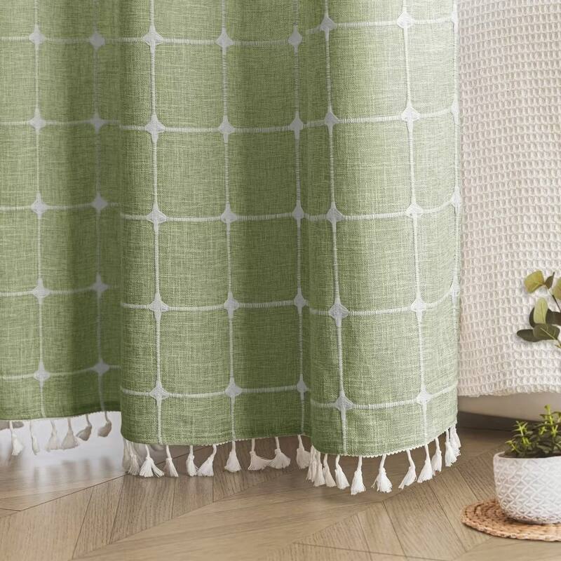 No Hook Geometric Tassels Shower Curtain with Snap-in Liner