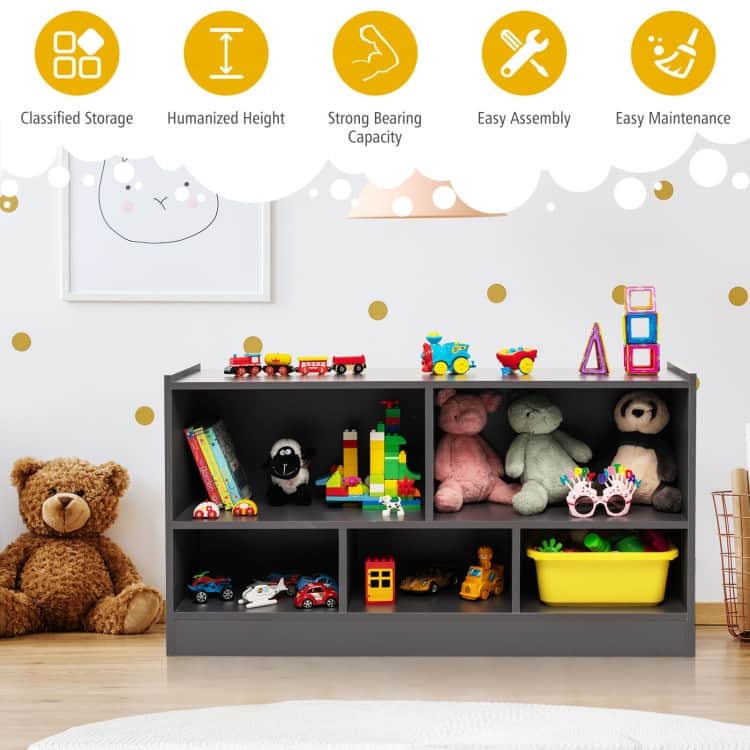 Children's Wooden Toy Storage Cabinet with 2 Shelves and 5 Cubes - 44" x 12" x 24" (L x W x H)