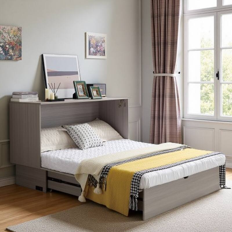 Queen Size Murphy Bed Cabinet with Storage Drawer, Folding Foam Mattress, USB & AC Charging Ports, and Smooth Glide Mechanism - Gray