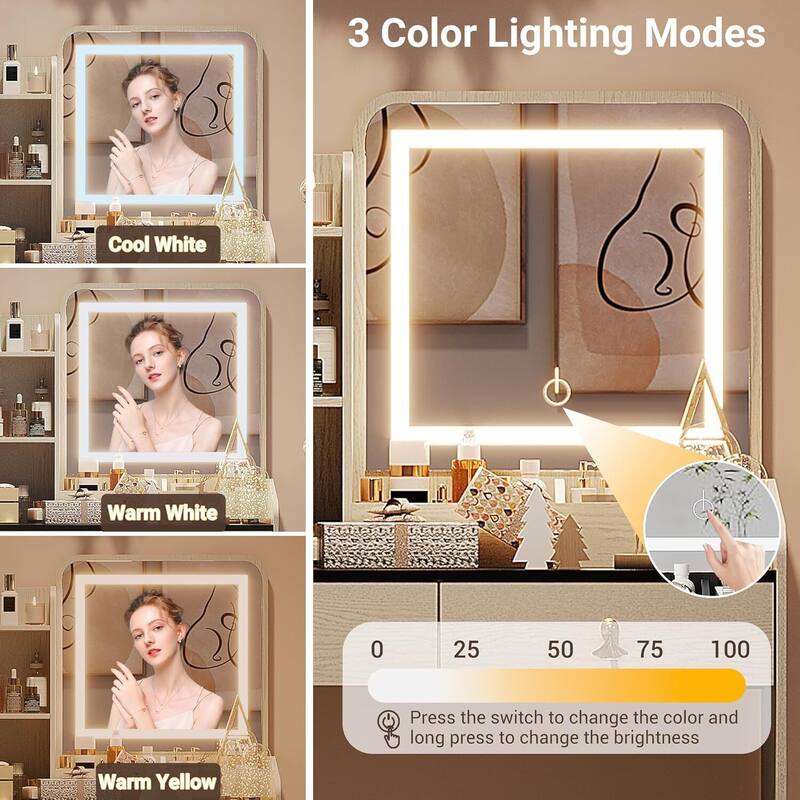 2 Drawers Makeup Vanity Table with LED Light Mirror and Charging Station