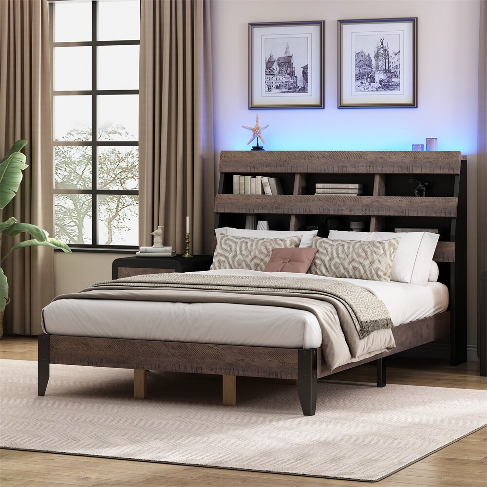 Queen Bed Frame with Bookshelf and LED Lights and USB Port On