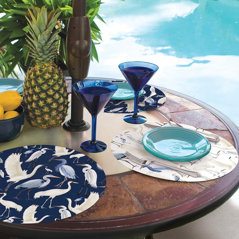 Beachy Birds 4 Pack Round Reversible Easy Care Flexible Plastic Placemats Made in The USA Reversible Flexible Easily Wipes Clean