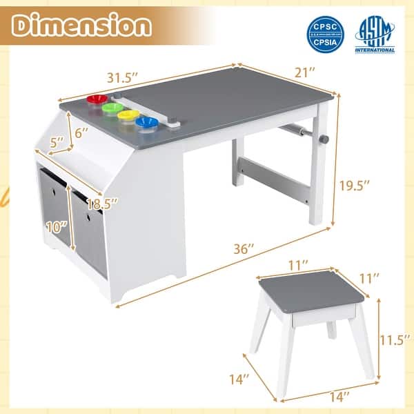 Gymax Kids Art Table & Stool w/Paper Roll 2 Bins & Large Storage for
