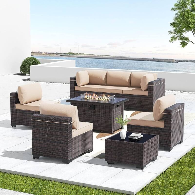 8 Pieces Outdoor Patio Furniture Set, All Weather PE Wicker Sectional Conversion Sofa set w/ Firepit Table - Khaki