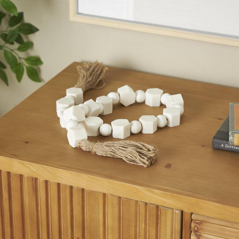 White Marble Handmade Hexagon Beaded Garland with Tassel with Knotted Brown Jute - 2"W x 42"L x 1"H - White